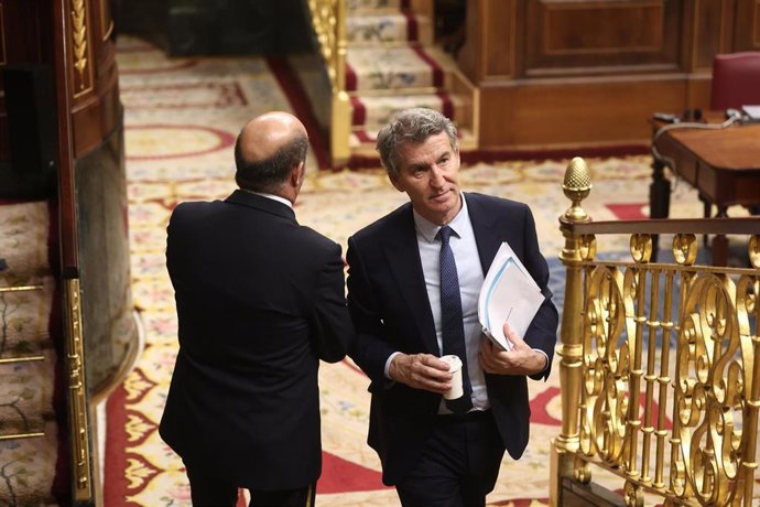 El presidente del PP, Alberto Núñez Feijóo, durante una sesión de control al Gobierno , en el Congreso de los Diputados, a 11 de febrero de 2026, en Madrid (España). 