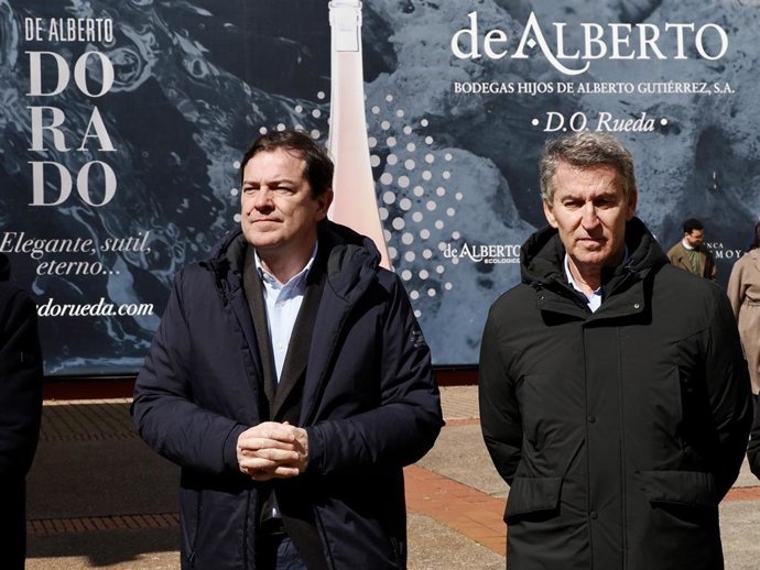 Archivo - El presidente del Partido Popular, Alberto Núñez Feijóo, y el presidente de la Junta de Castilla y León y del PP regional, Alfonso Mañueco, visitan las Bodegas Hijos de Alberto Gutierrez, en SerradA.