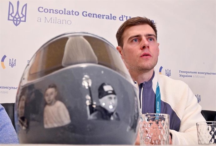 12 February 2026, Italy, Milan: Ukrainian skeleton racer Vladyslav Heraskevych speaks at a press conference at the Ukrainian Consulate in Milan, on the sidelines of the Milano Cortina 2026 Winter Olympic games. Heraskevych was disqualified from the compet