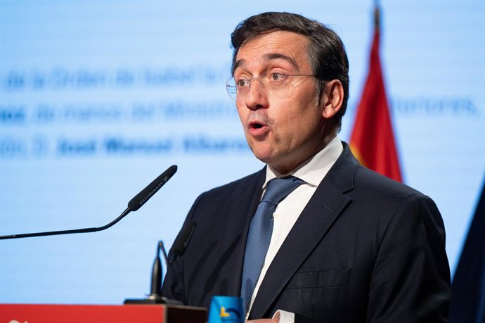 February 9, 2026, Madrid, Spain: Minister of Foreign Affairs Jose Manuel Albares seen during the tribute to Nicolas Sanchez Albornoz at the Cervantes Institute.