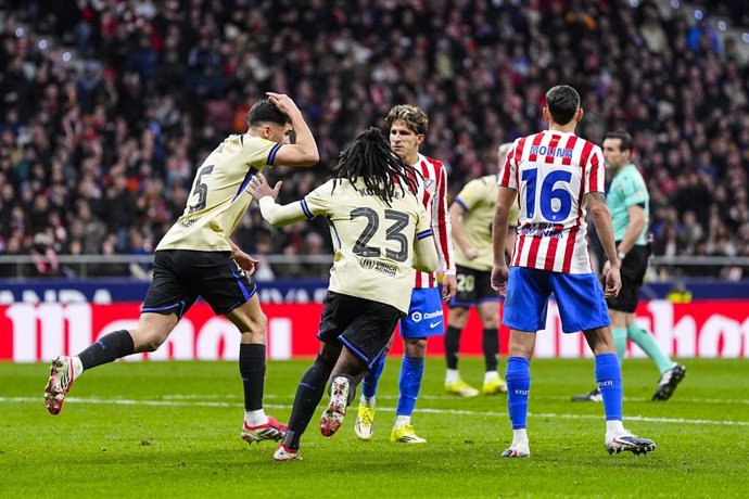 Pau Cubarsi of FC Barcelona celebrates a goal dimissed by VAR during the Spanish Cup, Copa del Rey, football match Semifinal First Leg played between Atletico de Madrid and FC Barcelona at Riyadh Air Metropolitano on February 12, 2026, in Madrid, Spain.