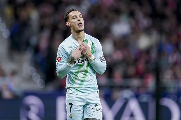 Antony of Real Betis Balompie celebrates a goal during the Spanish League, La Liga EA Sports, football match played between Atletico de Madrid and Real Betis Balompie at Riyadh Air Metropolitano stadium on February 8, 2026, in Madrid, Spain.