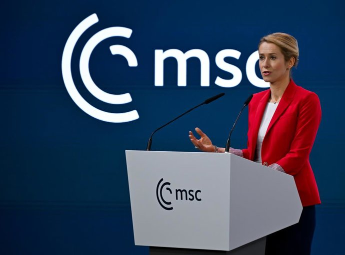 15 de fevereiro de 2026, Baviera, Munique: Kaja Kallas, Alta Representante da União Europeia para os Negócios Estrangeiros, discursa na Conferência de Segurança de Munique (MSC). Foto: Sven Hoppe/dpa