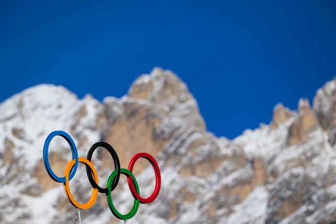 February 13, 2026, Cortina, ITALY: 260213 Olympic Rings on top of Cortina Curling Olympic Stadium during day 7 of the 2026 Winter Olympics on February 13, 2026 in Cortina. .Photo: Joel Marklund / BILDBYRÃN / kod JM / JM0791.bbeng curling olympic games ol
