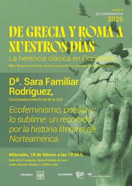 Cartel de la conferencia de Sara Familiar Rodríguez titulada 'Ecofeminismo, poesía y lo sublime: un recorrido por la historia literaria de Norteamérica'.
