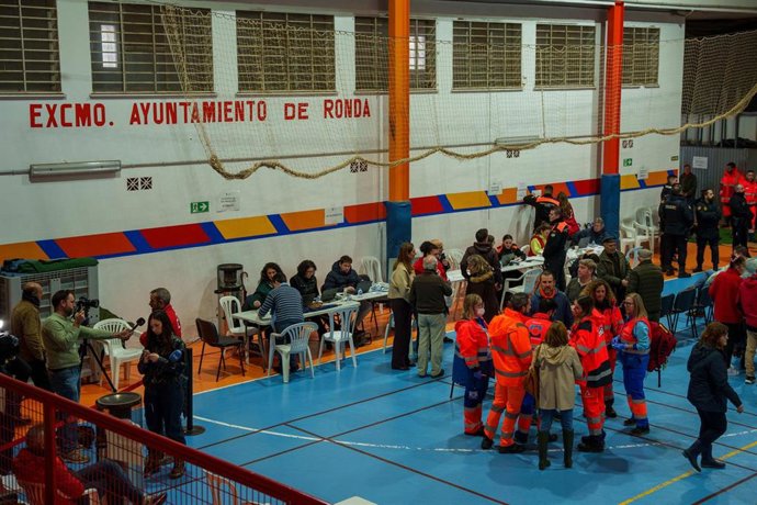 Imagen del polideportivo El Fuerte en Ronda donde se encontraban los desalojados de Grazalema y la Estación de Benaoján. A 7 de febrero de 2026 en Benaoján (Málaga).