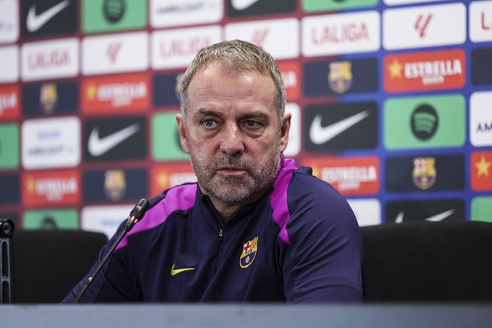 Hansi Flick, head coach of FC Barcelona, attends his press conference during the training day of FC Barcelona ahead the Spanish League, LaLiga EA Sports, football match against Elche CF at Ciudad Esportiva Joan Gamper on January 30, 2026 in Sant Joan Desp