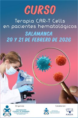 Cartel del curso sobre terapia celular CAR-T organizado en Salamanca por el Consejo de Colegios de Enfermería de Castilla y León.