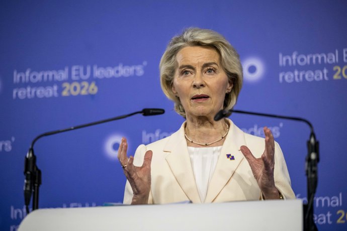 February 12, 2026: Ursula Von der Leyen , the president of the European Commission  talk to the press  after the Informal EU leadersĂ• retreat at Alden Biesen Castle in Bilzen, Belgium, Thursday, 12.02.2026. Photo by Wiktor Dabkowski
