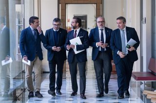 El delegado del Gobierno andaluz en Granada, Antonio Granados, en el centro en la imagen, ha dado a conocer las banderas de Andalucía para el 28F en la provincia