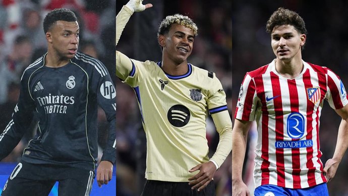 Los futbolistas Kylian Mbappé (Real Madrid), Lamine Yamal (FC Barcelona) y Julián Álvarez (Atlético de Madrid).