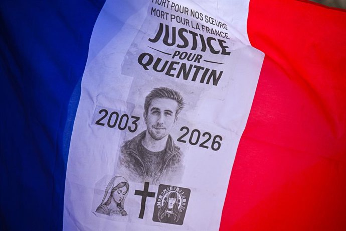 February 15, 2026, Paris, Ile-De-France (Region, France: Gathering of far-right politicians and militants in Place de la Sorbonne to pay tribute to Quentin, who was beaten to death in Lyon by anti-fascists, in Paris, on 15 February 2026.