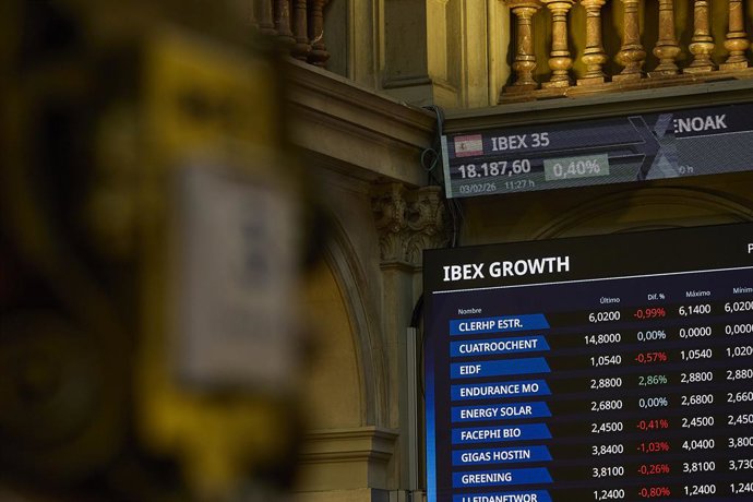 Un panel informativo en el Palacio de la Bolsa de Madrid, a 3 de febrero de 2026, en Madrid (España). 