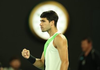 February 1, 2026, Melbourne, Victoria, Australia: CARLOS ALCARAZ of Spain during the match against N. Djokovic of Serbia in the final of Australian Open, Melbourne, Australia.,Image: 1071130727, License: Rights-managed, Restrictions: , Model Release: no, 