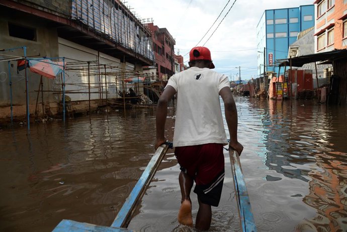ANTANANARIVO, Feb. 2, 2026  -- A man wades through a flooded street in Antananarivo, Madagascar, Feb. 2, 2026. The passage of tropical cyclone Fytia has caused the death of seven people and affected more than 54,000 others in Madagascar, Malagasy authorit