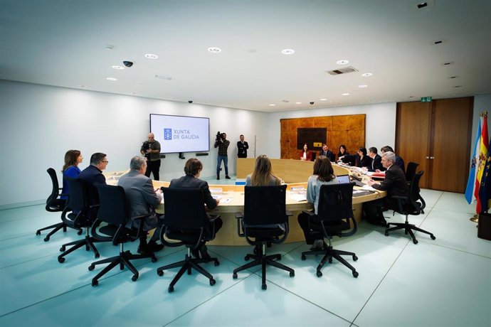 Ou titular do Executivo galego, Alfonso Rueda, preside a reunión do Consello dá Xunta. Sala do Consello, 16/02/26.