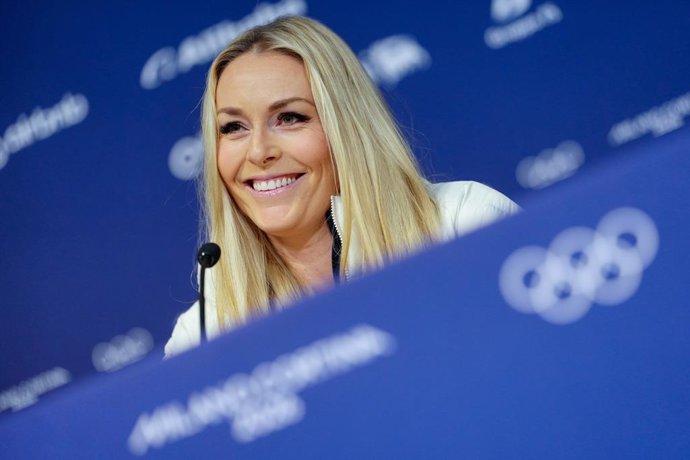 03 February 2026, Italy, Cortina D'ampezzo: US ski racer Lindsey Vonn speaks at a press conference ahead of the Milan Cortina 2026 Winter Olympics. Photo: Michael Kappeler/dpa