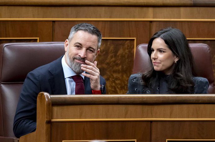 El presidente de Vox, Santiago Abascal, y la portavoz de Vox en el Congreso, Pepa Millán, durante una sesión plenaria, en el Congreso de los Diputados, a 12 de febrero de 2026, en Madrid (España). El Pleno del Congreso acoge hoy el debate y la votación de
