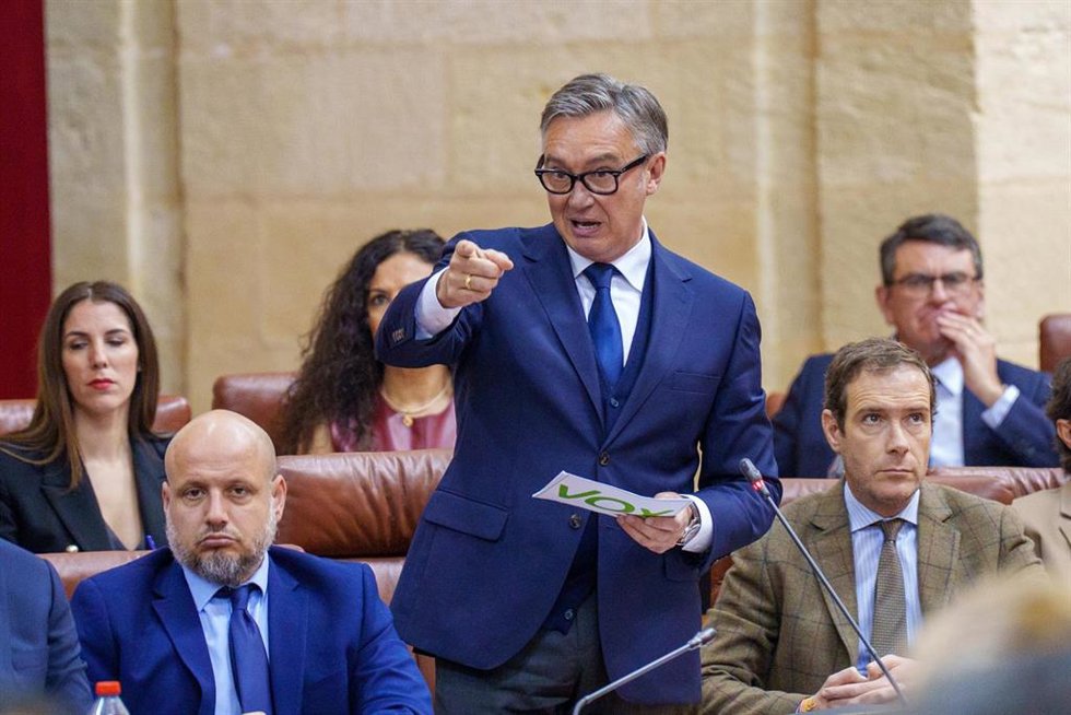 El portavoz del grupo parlamentario Vox en Andalucía, Manuel Gavira, interviene durante la sesión de control en el pleno del Parlamento andaluz. A 12 de febrero de 2026, en Sevilla (Foto de archivo).