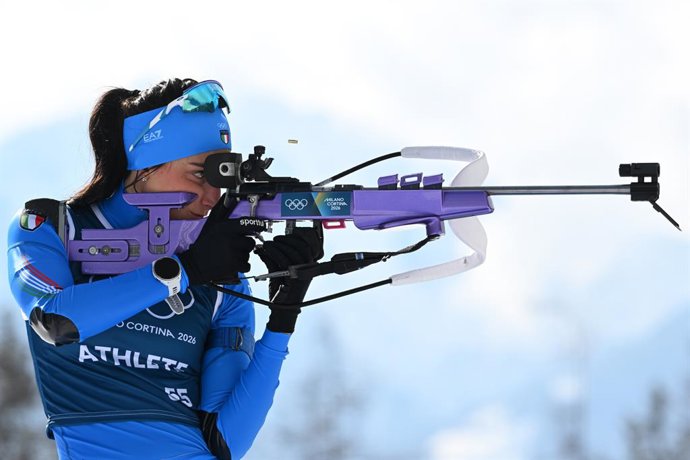 16 February 2026, Italy, Antholz: Italy's Rebecca Passler in action during the Biathlon women's training during the Milano Cortina 2026 Winter Olympic games. Photo: Hendrik Schmidt/dpa