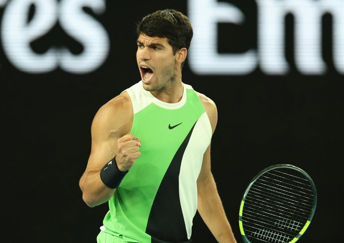 February 1, 2026, Melbourne, Victoria, Australia: CARLOS ALCARAZ of Spain during the match against N. Djokovic of Serbia in the final of Australian Open, Melbourne, Australia.,Image: 1071130746, License: Rights-managed, Restrictions: , Model Release: no, 