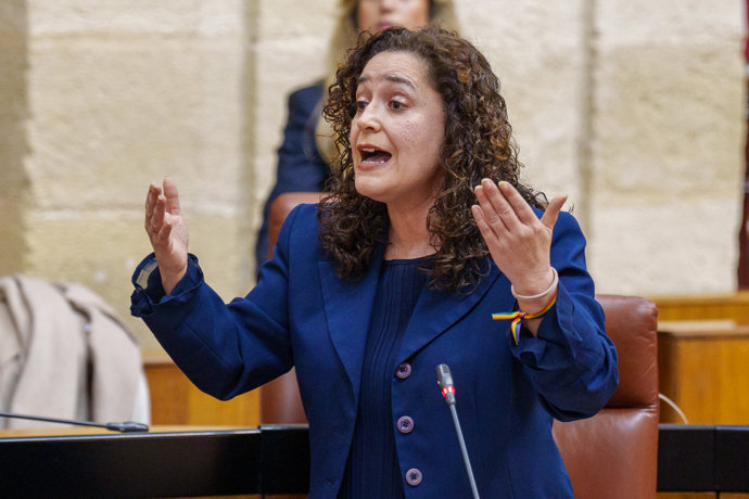 La portavoz del Grupo Por Andalucía, Inmaculada Nieto, interviene durante la sesión de control en el pleno del Parlamento andaluz. A 12 de febrero de 2026, en Sevilla (Andalucía, España).