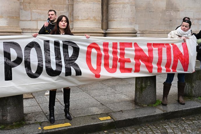 February 15, 2026, Paris, Ile-De-France (Region, France: Gathering of far-right politicians and militants in Place de la Sorbonne to pay tribute to Quentin, who was beaten to death in Lyon by anti-fascists, in Paris, on 15 February 2026.