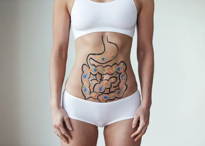 Mujer con una ilustración en su abdomen de intestinos con bacterias coloridas. Microbiota, microbioma