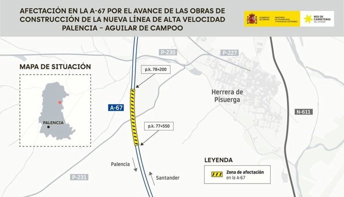 Información sobre el corte de tráfico en la A-67 en Palencia.