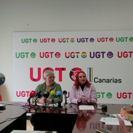 Rueda de prensa de la secretaria de Igualdad de UGT Canarias, Mirna Ortega, y la técnica de Igualdad del sindicato Mercedes García (de izq. A dch.)