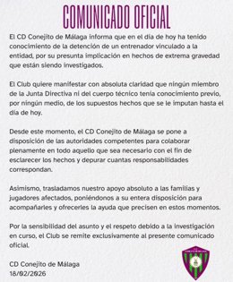 Comunicado oficial del club al que está vinculado el entrenador de fútbol que ha sido detenido por delitos sexuales a tres menores de edad.