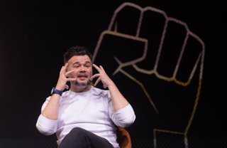 El portaveu d'ERC en el Congrés,  Gabriel Rufián, durant un diàleg sobre el futur de l'esquerra alternativa, a la sala Galileu Galilei, a 18 de febrer de 2026, a Madrid (Espanya). 