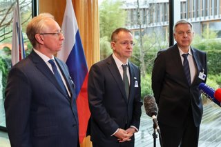 SWITZERLAND, GENEVA - FEBRUARY 18, 2026: Russian President Putin's Adviser Vladimir Medinsky (C) talks to journalists at the InterContinental Hotel on Day 2 of trilateral talks between Russia, the United States and Ukraine
