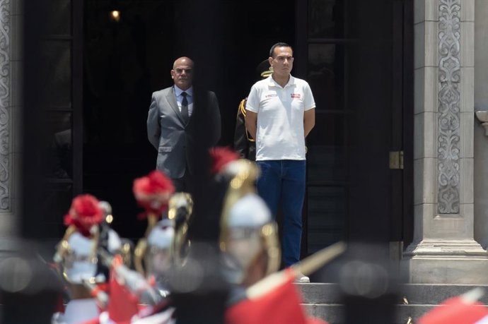 February 17, 2026, Lima, PERU: Peru's President Jose Jeri, (R) stands with Prime Minister Ernesto Alvarez during the changing of the guard ceremony at the government palace