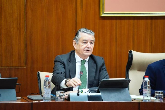 O conselheiro de Saúde, Presidência e Emergências da Junta da Andaluzia, Antonio Sanz, na comissão parlamentar de 19 de fevereiro de 2026.