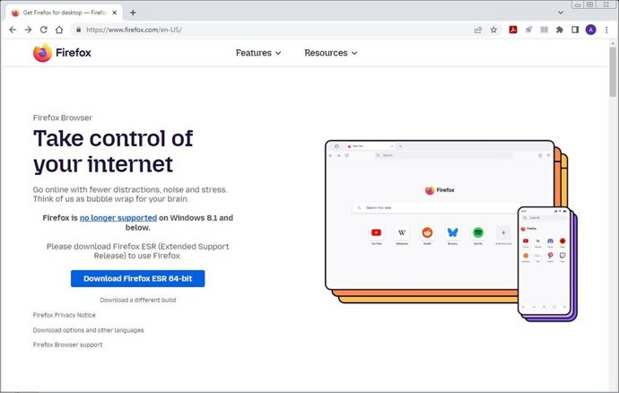Fin del soporte de Firefox en Windows 8.