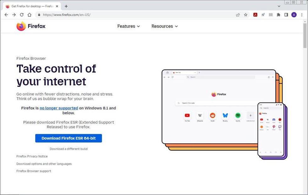 Fin del soporte de Firefox en Windows 8.