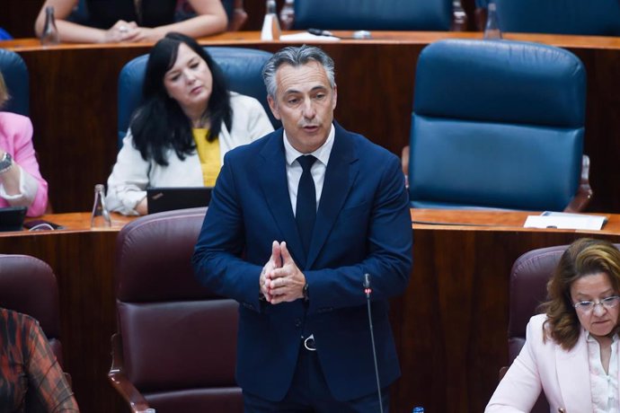 Archivo - El consejero de Medio Ambiente, Ordenación del Territorio e Interior, Carlos Novillo, interviene durante un pleno de la Asamblea de Madrid, a 22 de mayo de 2025, en Madrid (España). 