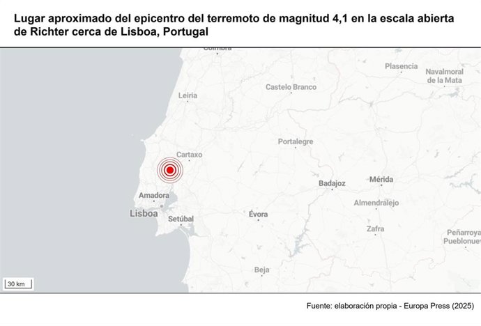 Archivo - Ubicación aproximada del terremoto de magnitud 4,1 en la escala abierta de Richter registrado cerca de la capital de Portugal, Lisboa