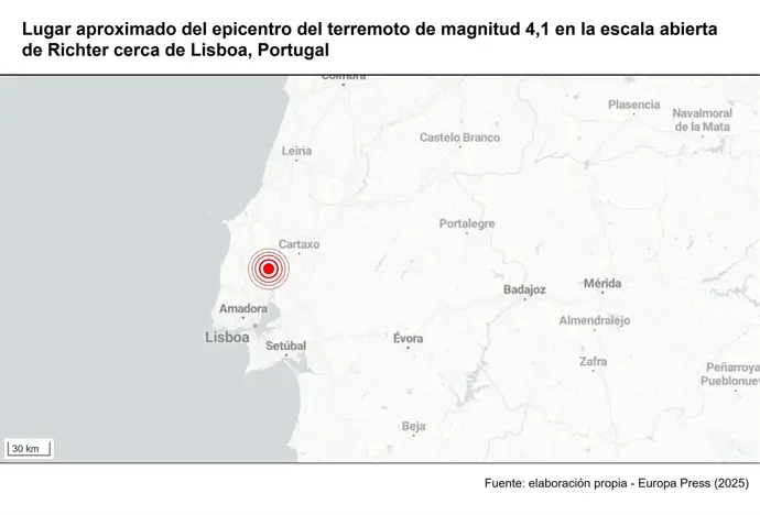 Localização aproximada do terremoto em Lisboa