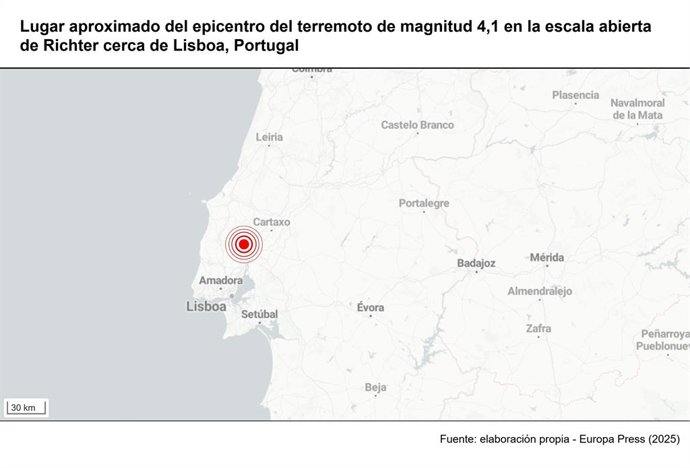Archivo - Ubicación aproximada del terremoto de magnitud 4,1 en la escala abierta de Richter registrado cerca de la capital de Portugal, Lisboa
