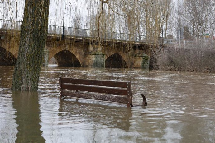 Confluencia de los ríos Tera y Duero en Garray, a 10 de febrero de 2026, en Soria, Castilla y León (España). La delegada territorial de la Junta en Soria, Yolanda de Gregorio, ha activado el nivel 2 de emergencia del Plan de Protección Civil de Castilla y