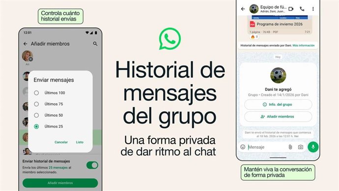 Función de historial de conversaciones en los chats grupales de Whatsapp.