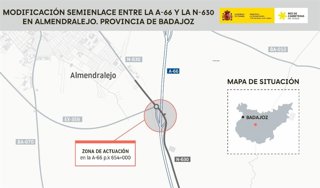 Mapa de la modificación del semienlace de la A-66 y la N-630 en Almendralejo