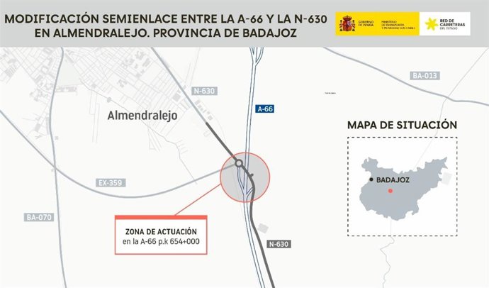 Mapa de la modificación del semienlace de la A-66 y la N-630 en Almendralejo