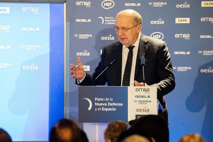 El Comisario Europeo de Defensa y Espacio, Andrius Kubilius, interviene durante el 'Foro de la Nueva Defensa y el Espacio', en el Four Seasons Hotel, a 20 de febrero de 2026, en Madrid (España). El encuentro ha sido organizado por Nueva Economía Fórum.