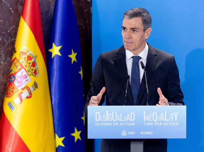 El presidente del Gobierno, Pedro Sánchez, durante la jornada ‘Desigualdad: es hora de actuar’, en la sede del Consejo Superior de Investigaciones Científicas (CSIC), a 20 de febrero de 2026, en Madrid (España).