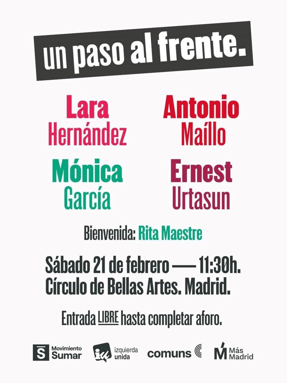 Imagen del cartel de los cuatro ponentes del acto para la refundación de la alianza electoral de Movimiento Sumar, IU, Comunes y Más Madrid, que se celerará en el Círculo de Bellas Artes de la capital.