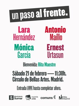 Imagem do cartaz dos quatro palestrantes do evento para a refundação da aliança eleitoral do Movimento Sumar, IU, Comunes e Más Madrid, que será realizado no Círculo de Bellas Artes da capital.