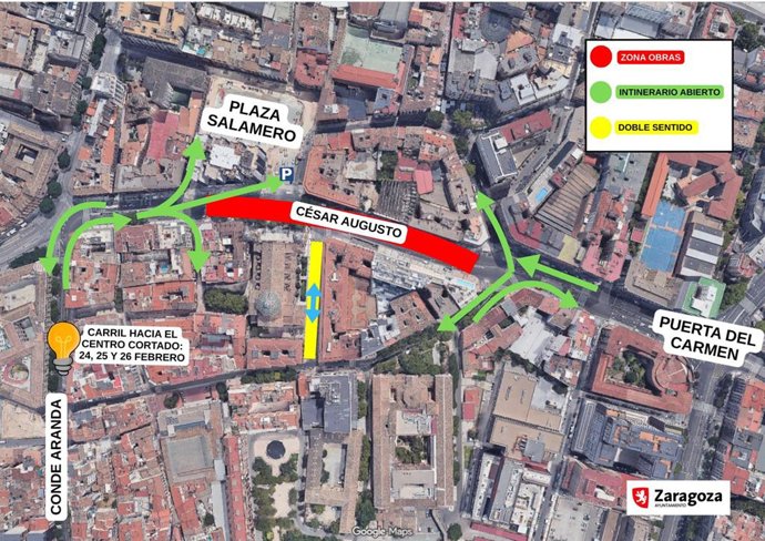 Mapa con los cambios en la circulación en el entorno de Cesar Agusto con motivo de la última fase de la reforma